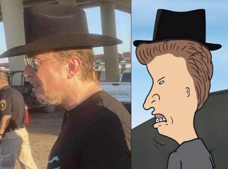 oxygen thief elon musk in his stupid lil hat, side profile with a pube beard compared with butthead, side profile and stupid lil hat