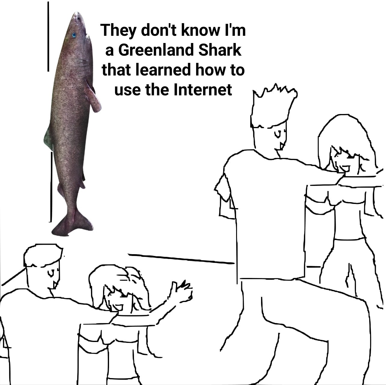 The "they don't know" meme template but instead of the wojack in the corner it's a photograph of a Greenland shark in a vertical position
Text reads:
"They don't know I'm a Greenland Shark that learned how to use the Internet"