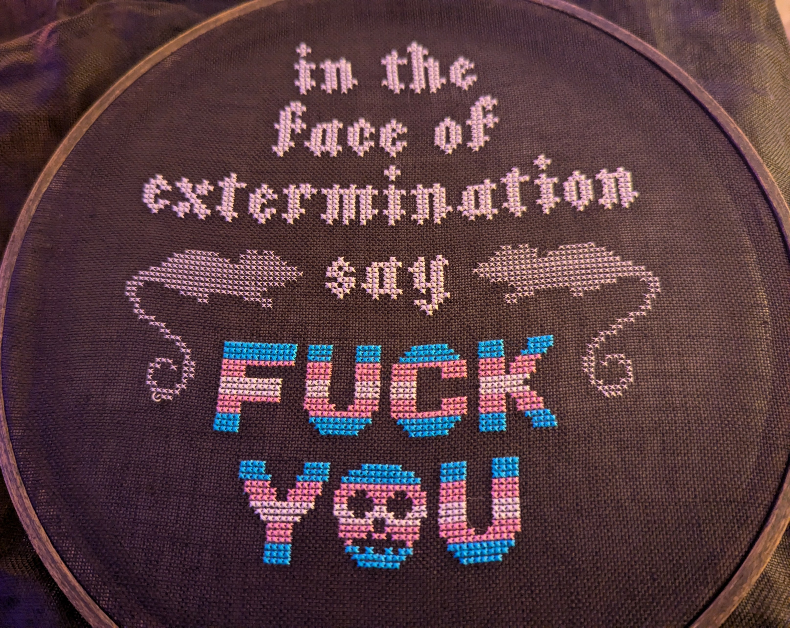 photo of a cross stitch project that says "in the face of extermination say FUCK YOU." the fuck you is stitched in the colors of the transgender flag and the "O" in "you" is a skull. also there a couple of lovely rats stitched into the piece. almost done. photo of a cross stitch project that says "in the face of extermination say FUCK YOU." the fuck you is stitched in the colors of the transgender flag and the "O" in "you" is a skull. also there a couple of lovely rats stitched into the piece. almost done.