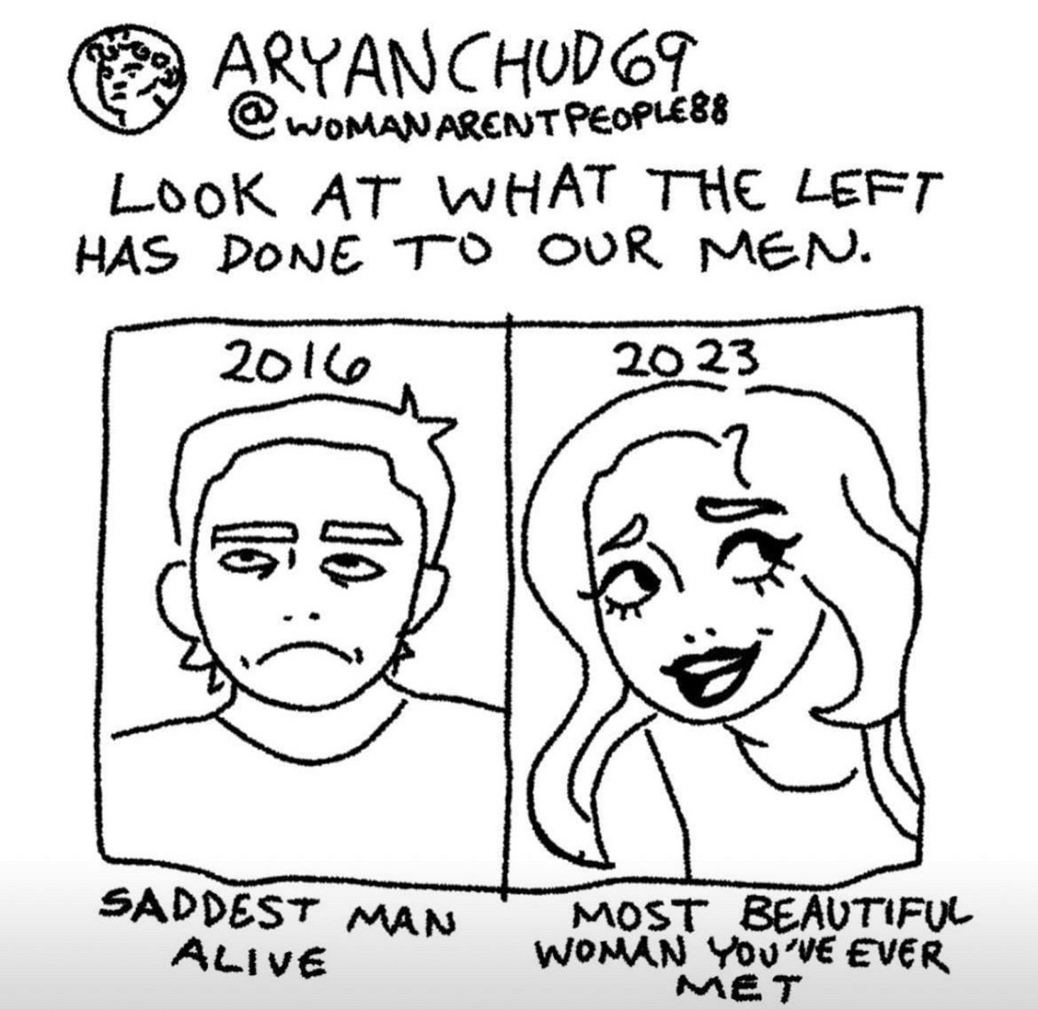 crudely drawn fake twitter post by user aryanchud69 with a greek marble bust pfp saying look at what the left has done to our men showing on the left the saddest man alive from 2016 and on the right the most beautiful woman youve ever met in 2023