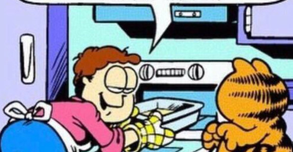 jon arbuckle shoving a lasagna into an oven with garfield looking on