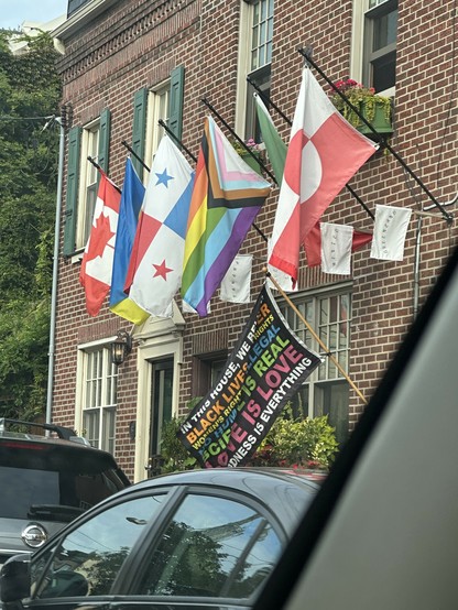 house with a Canadian flag and a Ukraine flag and a progress pride flag and a fucking Greenland flag and an IN THIS HOUSE flag and also a panama flag which is...oh god it's about the canal isn't it