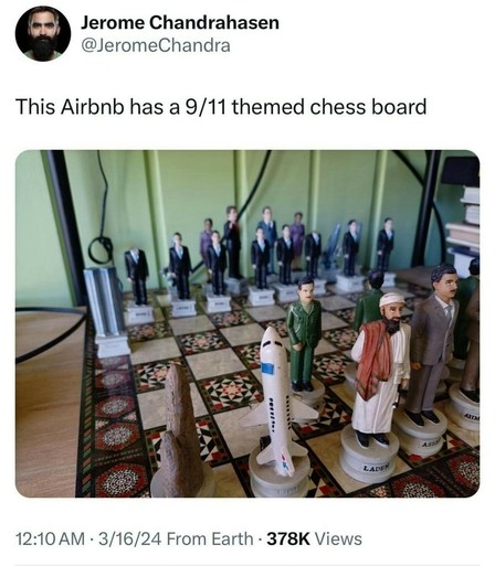 this Airbnb has a 9/11 themed chess board 