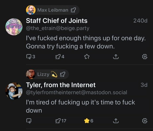 max leibman boosted a toot from someone from 240 days ago that says "I've fucked enough things up for one day. Gonna try fucking a few down."

right under that Lizzy boosted Tyler from the internet's toot from 3 days ago that says "I'm tired of fucking up it's time to fuck down"