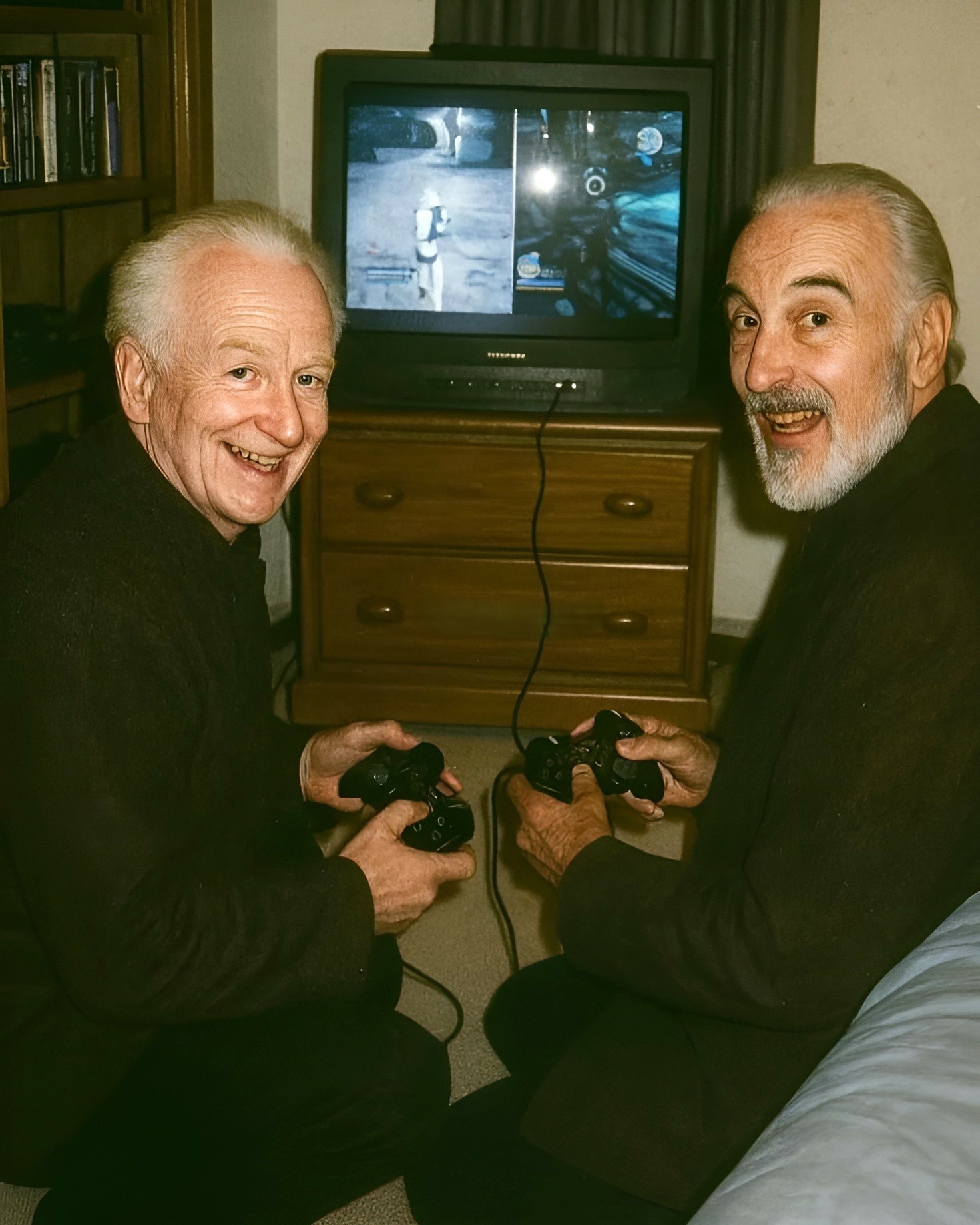 Ian McDiarmid and Christopher Lee playing Star Wars video games