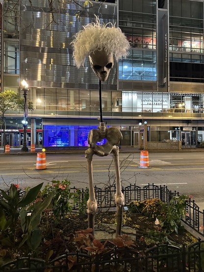 skeleton head with Einstein hair and then where the torso and arms should be is just a long metal tube that connects to the pelvis and it's hunched over and it's so fucking funny