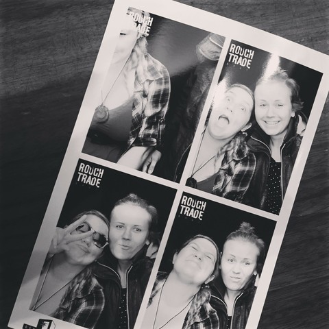 Black and white photo booth printout from Rough Trade of me and my friend Inga