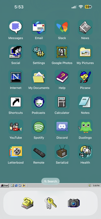 home screen before iOS update where awkwardly the icons I designed to blend into the background are no longer color matched to the wallpaper 