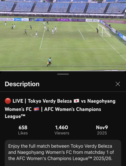 
LIVE | Tokyo Verdy Beleza vs Naegohyang
Women's FC
| AFC Women's Champions League™

Enjoy the full match between Tokyo Verdy Beleza and Naegohyang Women's FC from matchday 1 of the AFC Women's Champions League™ 2025/26.