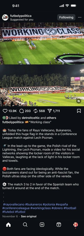 rayo fans had a big tifo that just says WORKING CLASS

futbolypolitica • "Working class"
• Today the fans of Rayo Vallecano, Bukaneros,
unfolded this huge flag in the stands in a Conference
League match against Lech Poznan.
• In the lead-up to the game, the Polish rival of the
Lightning, the Lech Poznan, made a video for his social
networks showing the locker room of the visitors in
Vallecas, laughing at the lack of light in his locker room
and towels.
Both fans are facing ideologically. While …