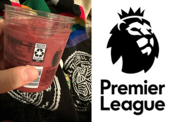 me holding a container of raspberry sorbet that's got a picture of a raspberry on the side of it that if you squint kiiiiiinda has similar shapes to the premier league lion logo