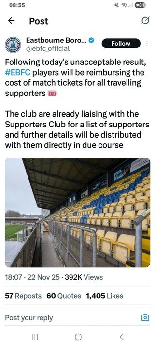 
@ebfc_official
Following today's unacceptable result,
#EBFC players will be reimbursing the
cost of match tickets for all travelling
supporters 
The club are already liaising with the
Supporters Club for a list of supporters
and further details will be distributed
with them directly in due course

