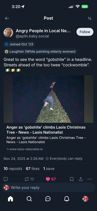 
@apiln.bsky.social

Great to see the word "gobshite" in a headline.
Streets ahead of the too twee "cockwomble".

Anger as 'gobshite' climbs Laois Christmas
Tree - News - Laois Nationalist
Anger as 'gobshite' climbs Laois Christmas Tree -
News - Laois Nationalist
• www.laois-nationalist.ie