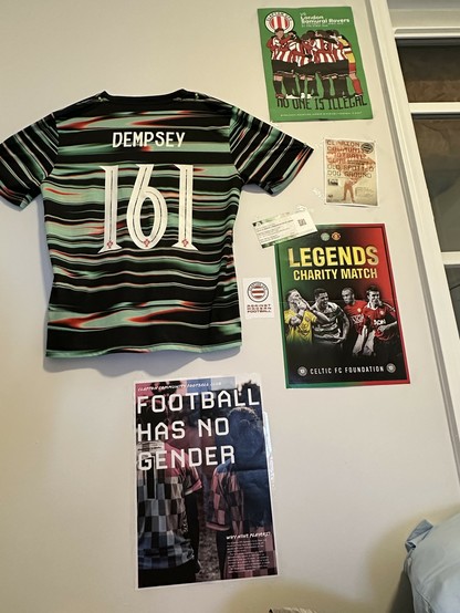 my wall with two clapton posters, a Portugal shirt, Clapton match program, celtic legends poster and ticket, Clapton "against modern football" sticker