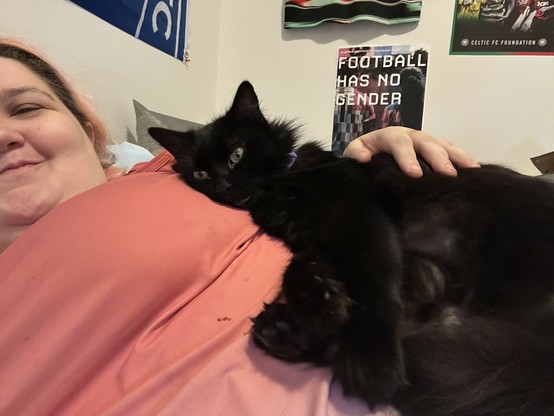 my black cat now big n fluffy curled up on me in the same spot as she always does since she was teeny