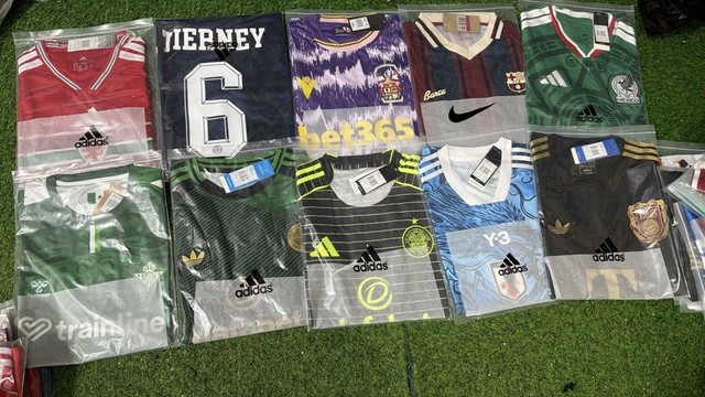 football shirts I ordered: Wales national, Scotland national with TIERNEY on the back, ugly af stoke city, barça, Mexico national, real betis, 2 Celtic shirts, Japan national, bayern 125th anniversary 