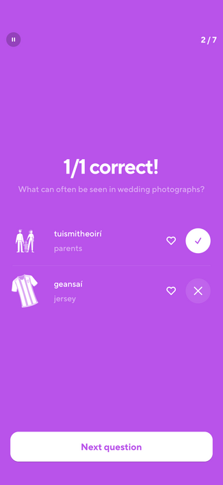 
1/1 correct!
What can often be seen in wedding photographs?

tuismitheoirí (parents)
geansaí (jersey)

