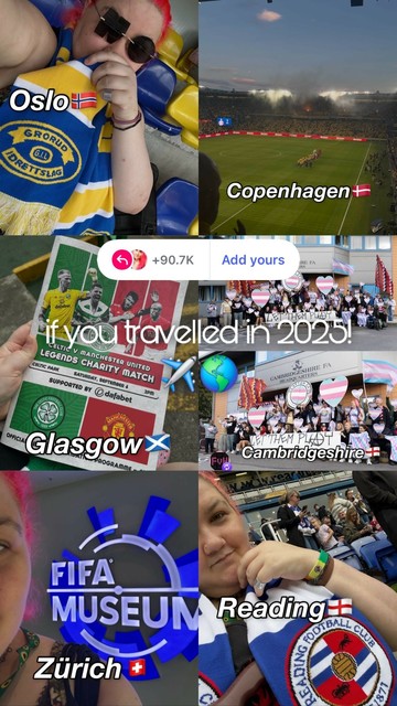 collage of pics with "if you traveled in 2025!" overlaid:

- me at a football game in Oslo 
- me at football in Copenhagen
- celtic legends match program, Glasgow
- protest outside cambridgeshire football association after Clapton CFC match
- me at the FIFA museum in Zurich
- me at a Reading home game