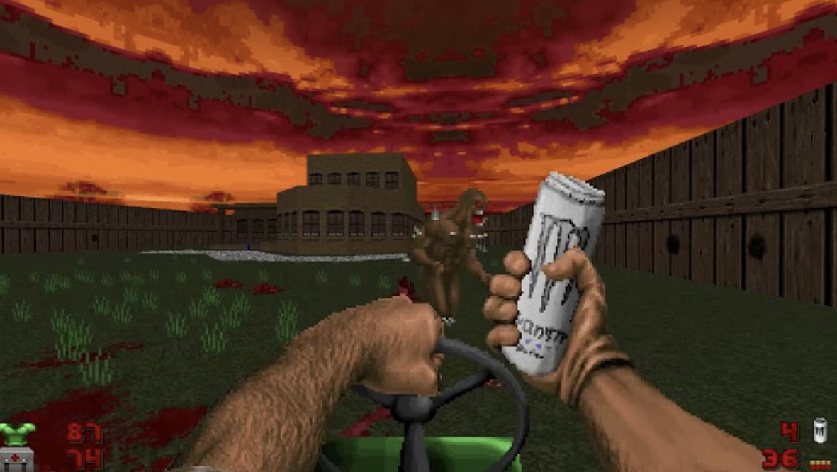 screenshot: doom riding lawnmower & monster white can