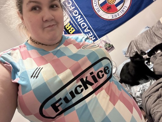 me in my clapton cfc trans keeper kit that I got modified to have a big fuck ICE logo in the style of the Nintendo logo where the kit sponsor would be