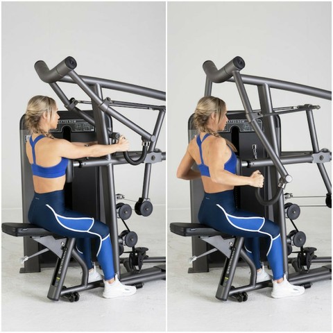girl doing arm exercises on a machine idk technical stuff but you gotta compress your shoulder blades