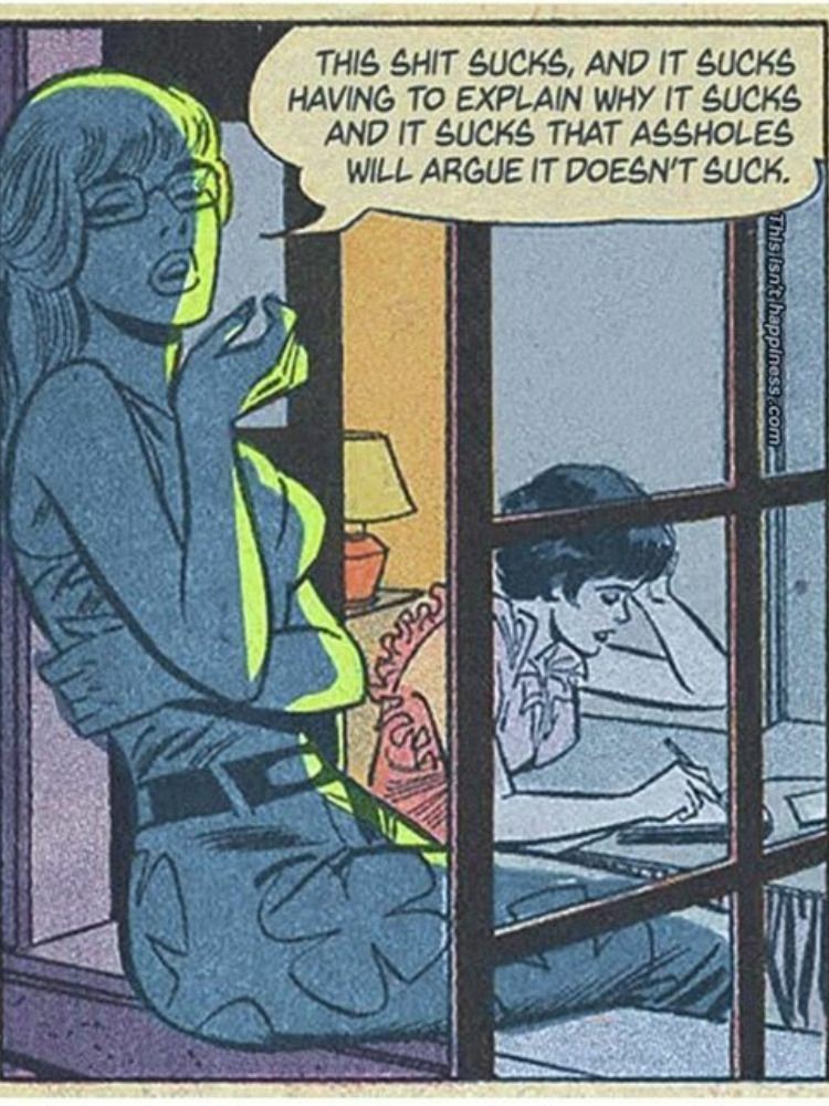 Still image. Comic book panel in dark colored lighting, person at a desk writing in a notepad, head propped up by one hand. Another person wearing rectangular glasses, one arm holding the opposite side of their torso, other hand in front of and below their mouth, sitting sideways in an open window. 

Speech bubble reads:
This shit sucks, and it sucks having to explain why it sucks and it sucks that assholes will argue it doesn't suck