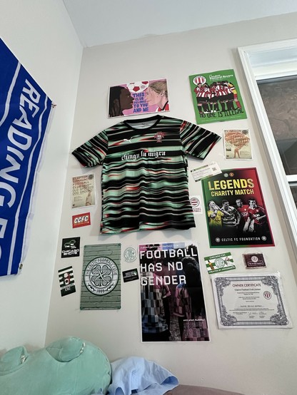 wall of football stuff: a shirt, stickers, posters, match programs, Clapton owner certificate, Clapton membership card