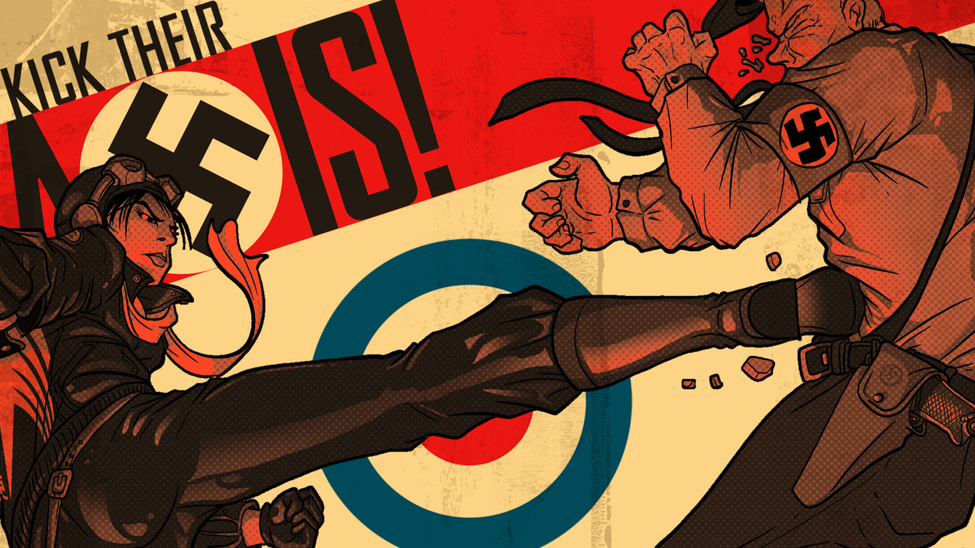 Antifascist Propaganda with a [UK?] Pilot [cuz there's a UK RAF style roundel] kicking a Nazi Brownshirt, with the Caption "KICK THEIR AXIS!" (and the X being a Swastika) into the groin.