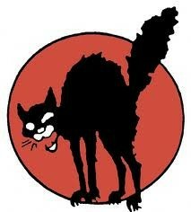 sabotabby, a symbol of anarchosyndicalism, which is a black cat doing the arched back cat screaming thing in front of a red circle