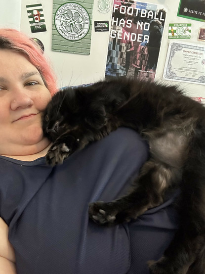 my cat completely sprawled out with her head tucked into my chin and a leg between my boobs 