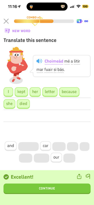 Translate this sentence
Choimeád mé a litir mar fuair sí bás.

I kept her letter because she died.
