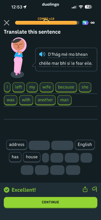 Translate this sentence

D'fhág mé mo bhean
chéile mar bhí sí le fear eile.

I left my wife because she was with another man.