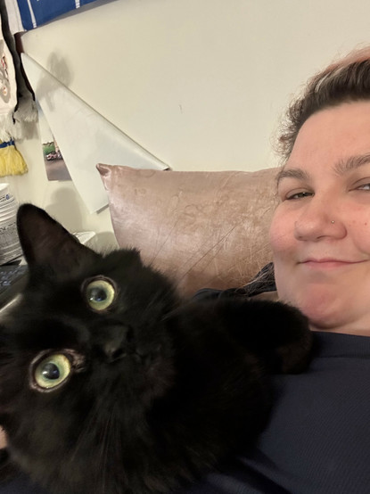 my cat sitting on my chest looking up at the camera 