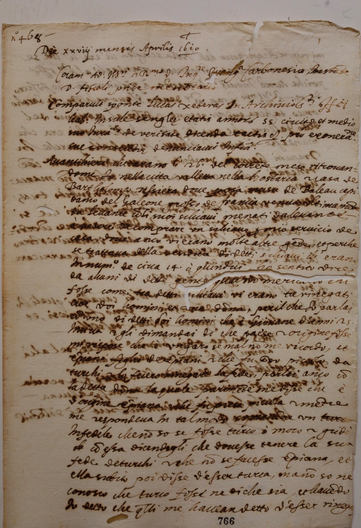inquisitorial record, sepia document, italian, latin, 28 april 1620
