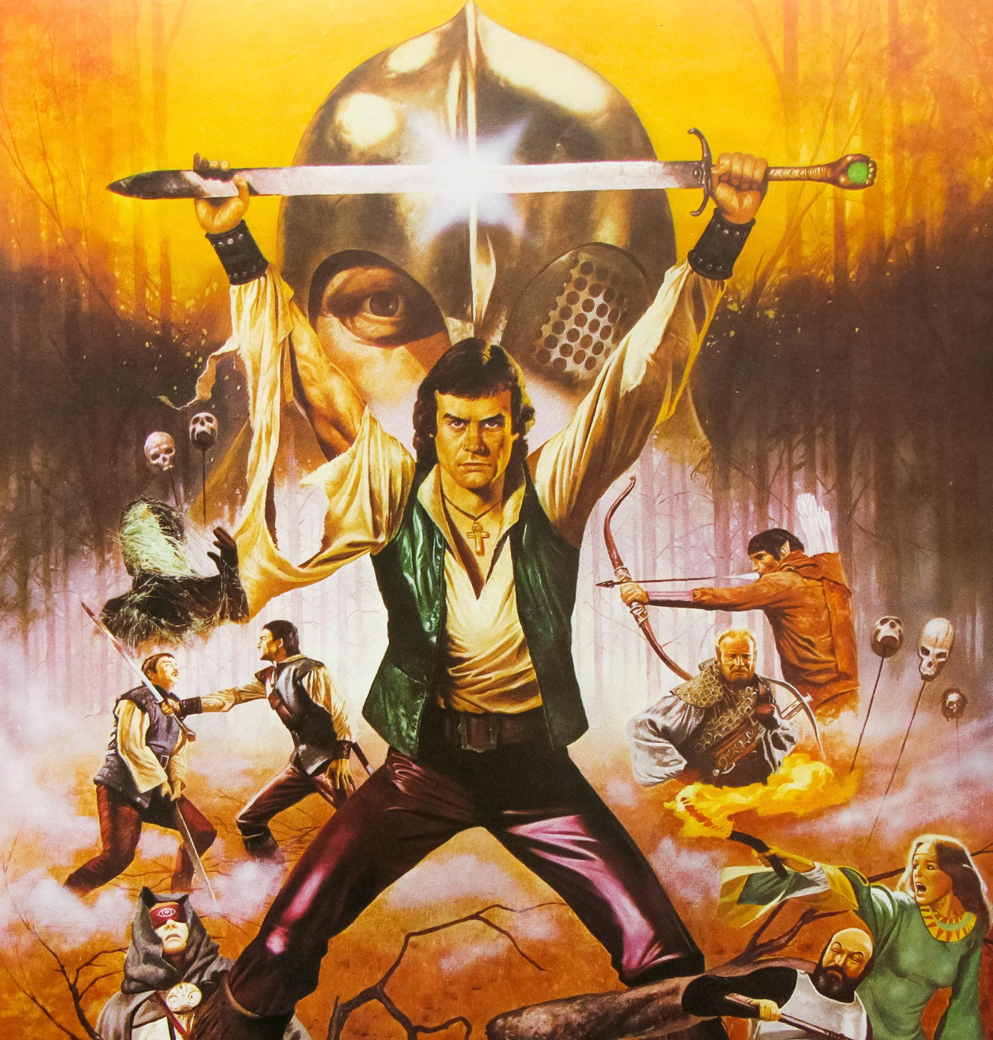 Artwork from the poster for Hawk the Slayer, showing Hawk standing pread-legged with his sword over his head. one hand is on the handle, and the other is holding the blade of the sword nir the tip.