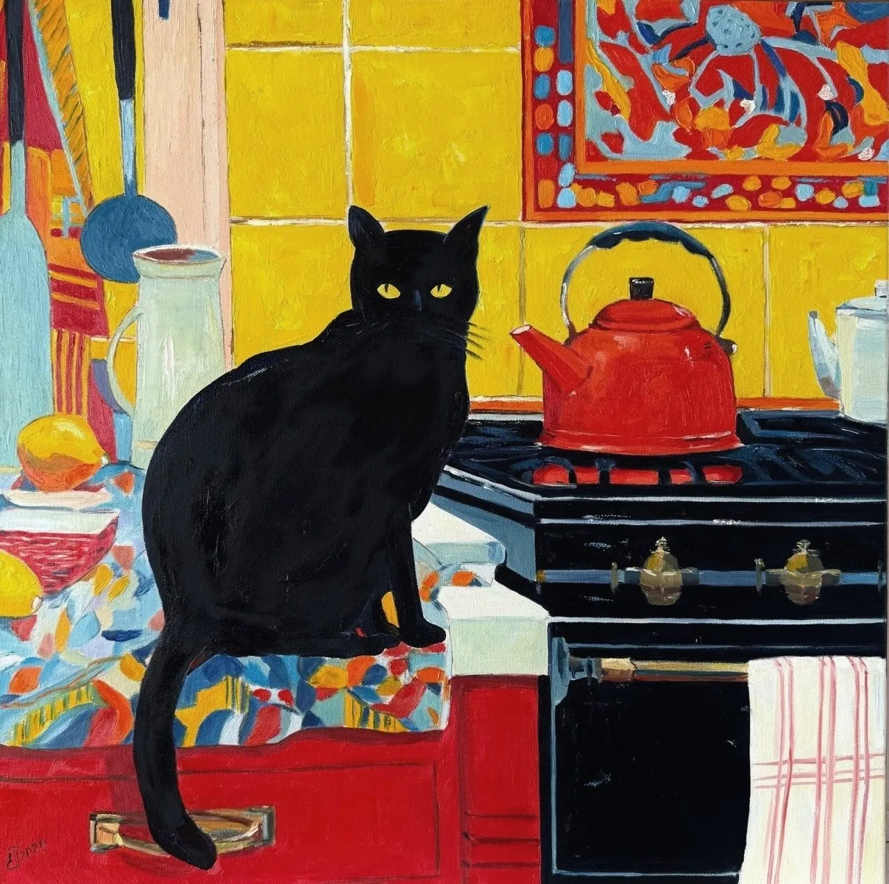 painting of a black cat sitting on a counter beside a stove where  a red le cruset teakettle is heating up on a burner in bright primary colors