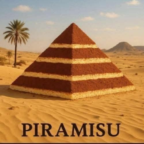 a layered pyramid shaped desert cake in a desert setting captioned 

PIRAMISU